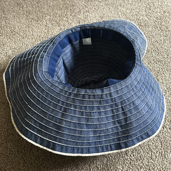 Woman’s Denim Blue Striped Beach Hat with braided cord trim - Picture 3 of 4